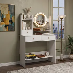 Modern LED Lighted Mirror Vanity Desk, 3-Color Adjustable Dressing Table with 3 Drawers & Storage Shelves, Bedroom Makeup Vanity for Home Decor & Beauty Organization