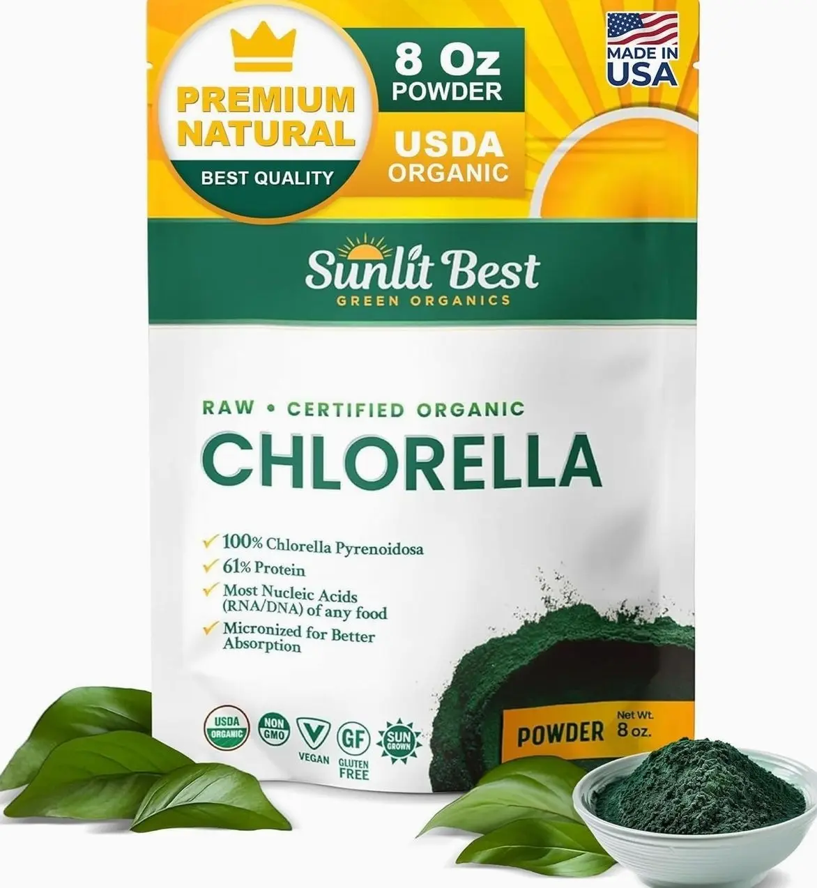 Sunlit Best Chlorella Powder Organic USDA, Green Algae Chlorella Powder, Broken Cell Wall Chlorellas, Raw Vegan Protein Chlorophyll - Non GMO, Gluten Free Superfood, Immune Support Supplement, 8 oz