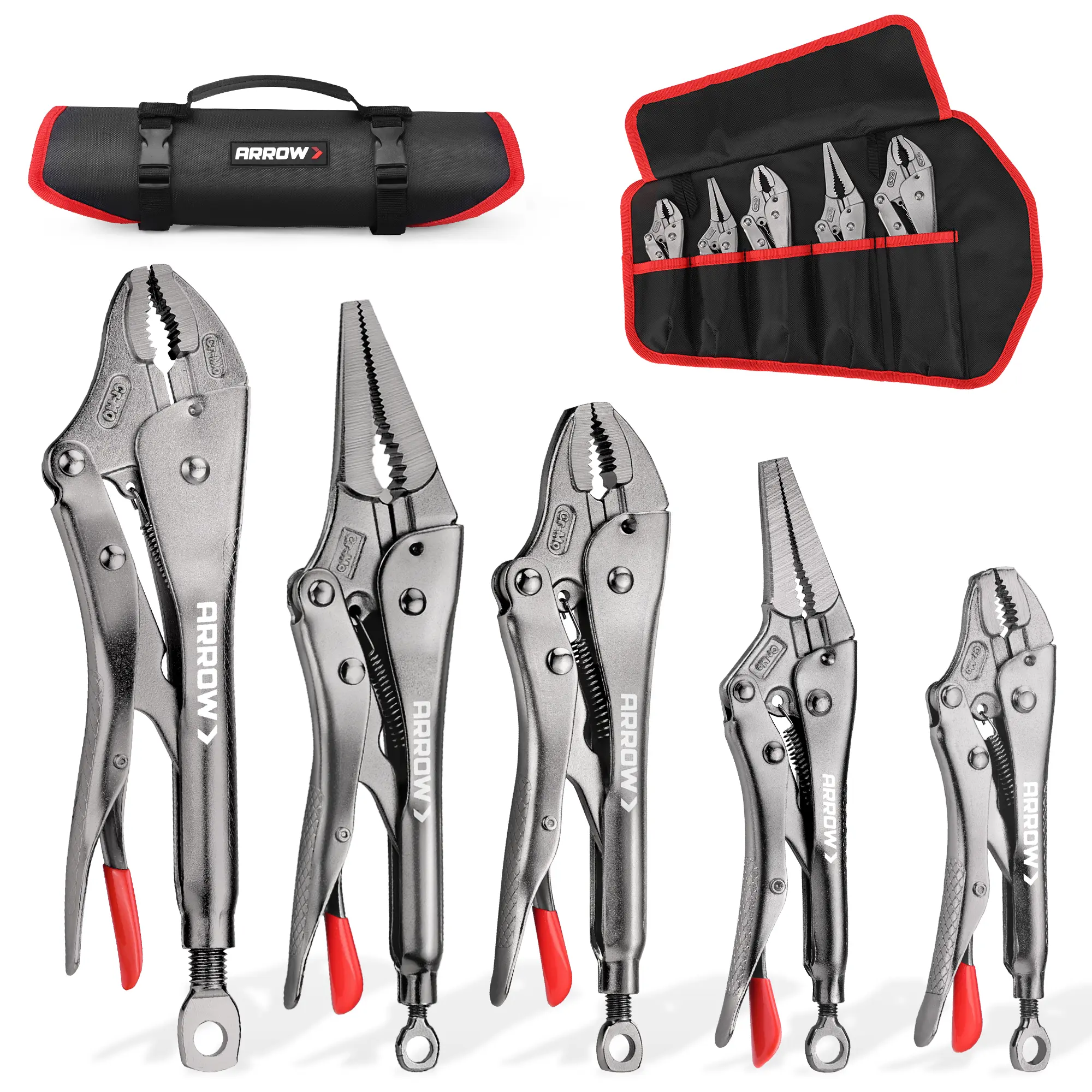 #summersale ARROW 5-piece Locking Pliers Set with Rolling Pouch, Chromium-Molybdenum Vice Grips, 5"/7"/10" Curved Jaw, 6.5"/9" Long Nose Vise Grip Pliers