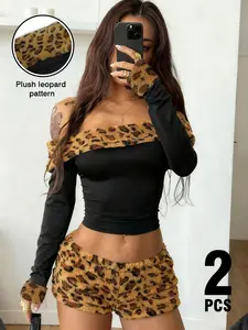 2-Piece Plush Leopard Loungewear Set | Cozy Off-Shoulder Crop Top & Shorts | Soft Fuzzy Animal Print, Stretchy Fabric | Perfect for TikTok Viral Home Comfort, Date Nights & Y2K Aesthetic Vibes