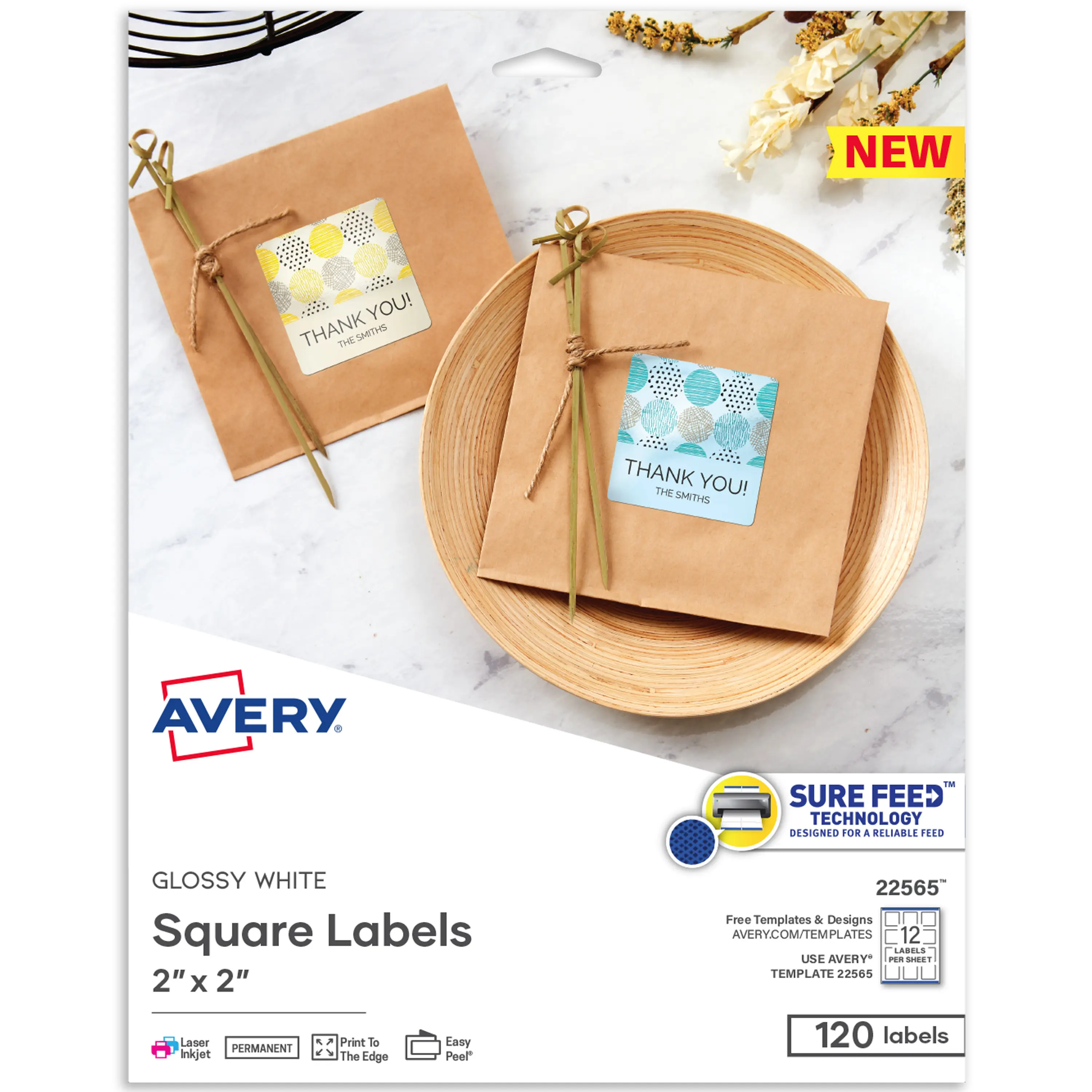 Avery Printable Blank Square Labels, 2" x 2", Glossy White, 120 Customizable Labels (22565)