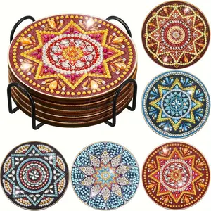 5 pieces/set of mandala patterned artificial diamond painted coasters, DIY crystal Diamond Painting Coasters with stand, suitable for adult office coffee MATS, family coasters, handicrafts, supplies and gifts