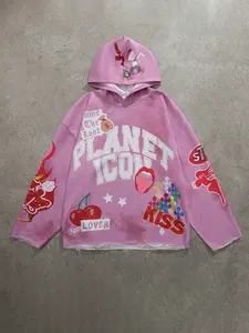 Mens american high street tie dye hoodie with planet icon theme letter print on the chest and cherry flame lips cartoon elements retro y2k style loose dropped shoulder fit distressed raw hem trendy casual top