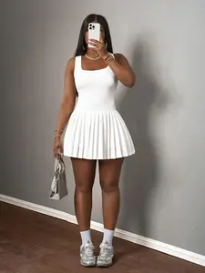 Women's Solid Square Neck Skater Dress, Casual Fashion Minimalist Curve Hem Short Dress for Daily Outdoor Wear, Women Dress for Summer