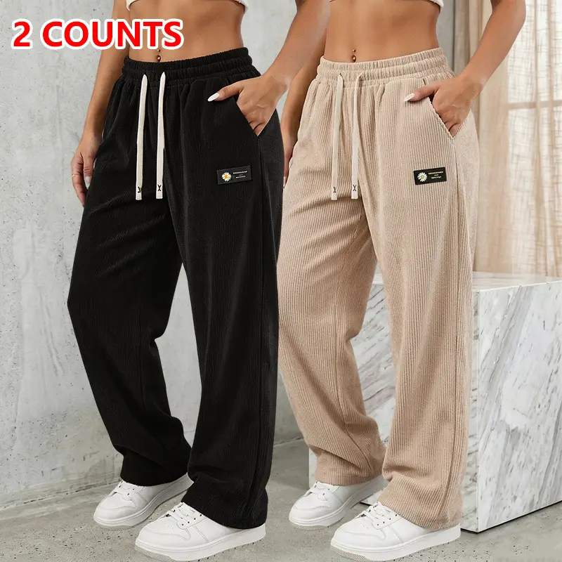 Women's 2-Pack Corduroy Bottoms - Lady's Casual Street Clothes, Elastic Waistband with Drawstring, Vintage Straight-Leg Long Trousers, All-Season Women's Clothes for Casual Everyday Wear, Outdoor Activities