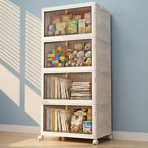 Foldable Storage Racks with Sliding Doors, Rolling Wheels, Heavy-Duty Plastic Modular Shoe Racks, Expandable 1/3/4/5-story Space-Saving Vertical Shelves (4 Layers)