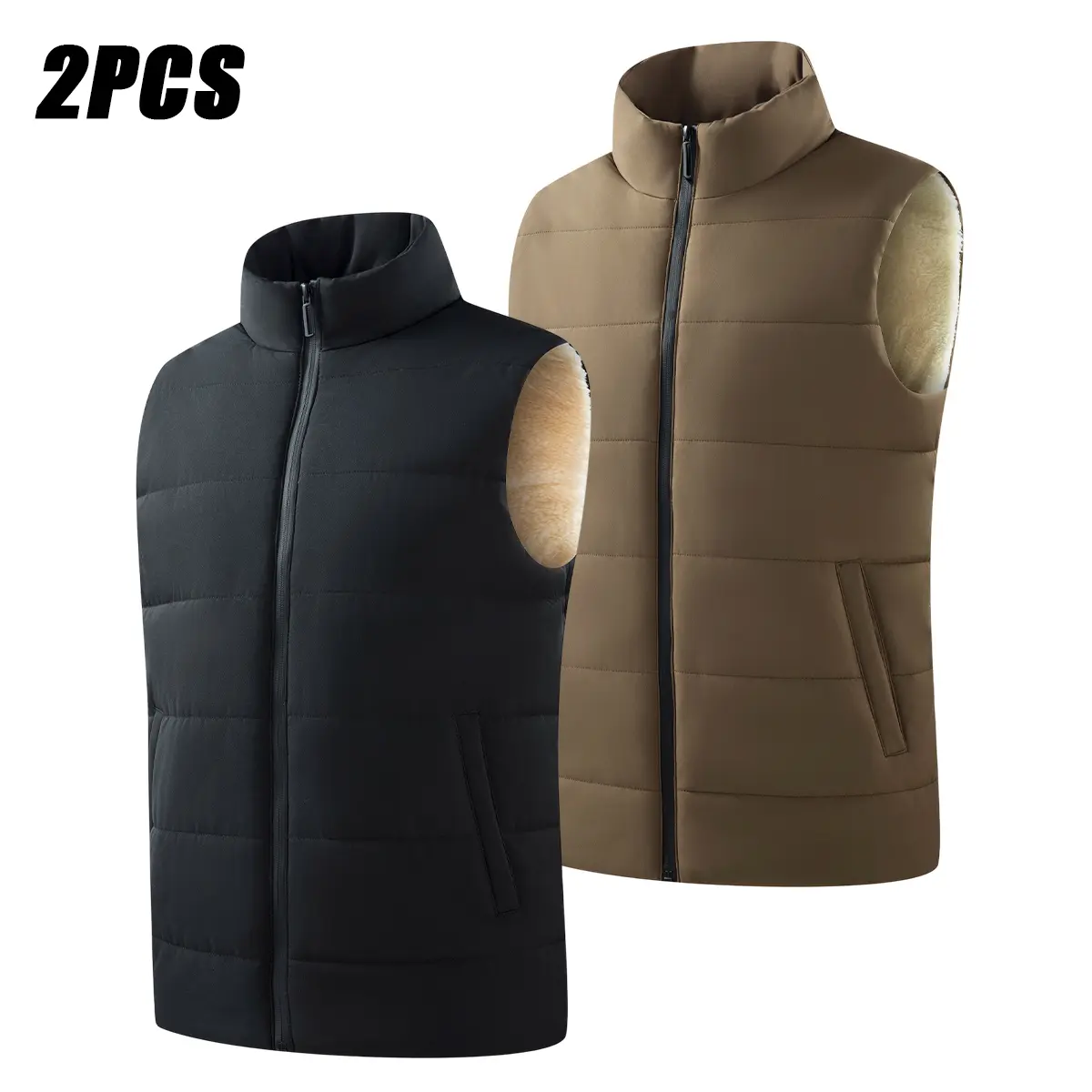 2 Pack Men Fleece Lined Zip Up Stand Collar Vest, Windproof Sleeveless  Gilet with Side Pockets for Winter Daily Use