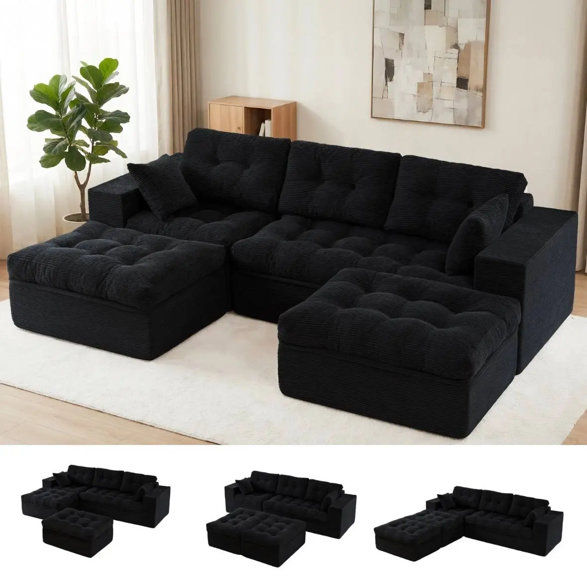 Modern Black L-Shape Sectional Sofa with Tufted Design and Comfortable Ottoman for Living Room