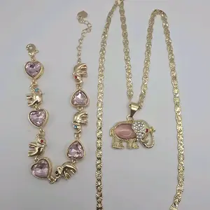 Elephants Set Beautiful Necklace with Bracelet Pink Colors Gold-Plated 24 Inches Jewelry Set Durable