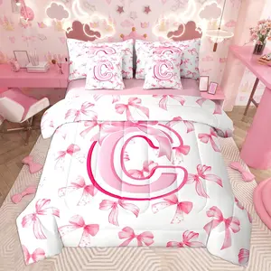 Kids Girls Cute Pink Bow Comforter Set with Sheets Coquette Bow Knot 7 Piece Bedding Set Personalized Initial C Bed in a Bag with Comforter,Sheets,Pillowcases Monogrammed Modern