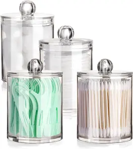4 Pack Qtip Holder - Restroom Bathroom Organizers and Storage Containers, Apothecary Jars with Lids for Cotton Ball, Cotton Round Bottles, Waterproof Plastic Canister