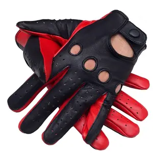 Black & Red - Men’s Genuine Leather Full Finger Driving Gloves with Knuckle Holes & Snap Closure