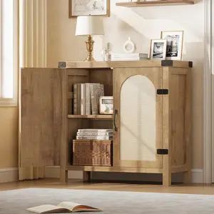 Yellow 31.5 Small Rattan Buffet Cabinet with Storage Kitchen Coffee Bar Cabinet with Doors Boho Farmhouse Sideboard with Adjustable Shelves and Handle for Kitchen Living Room Natural