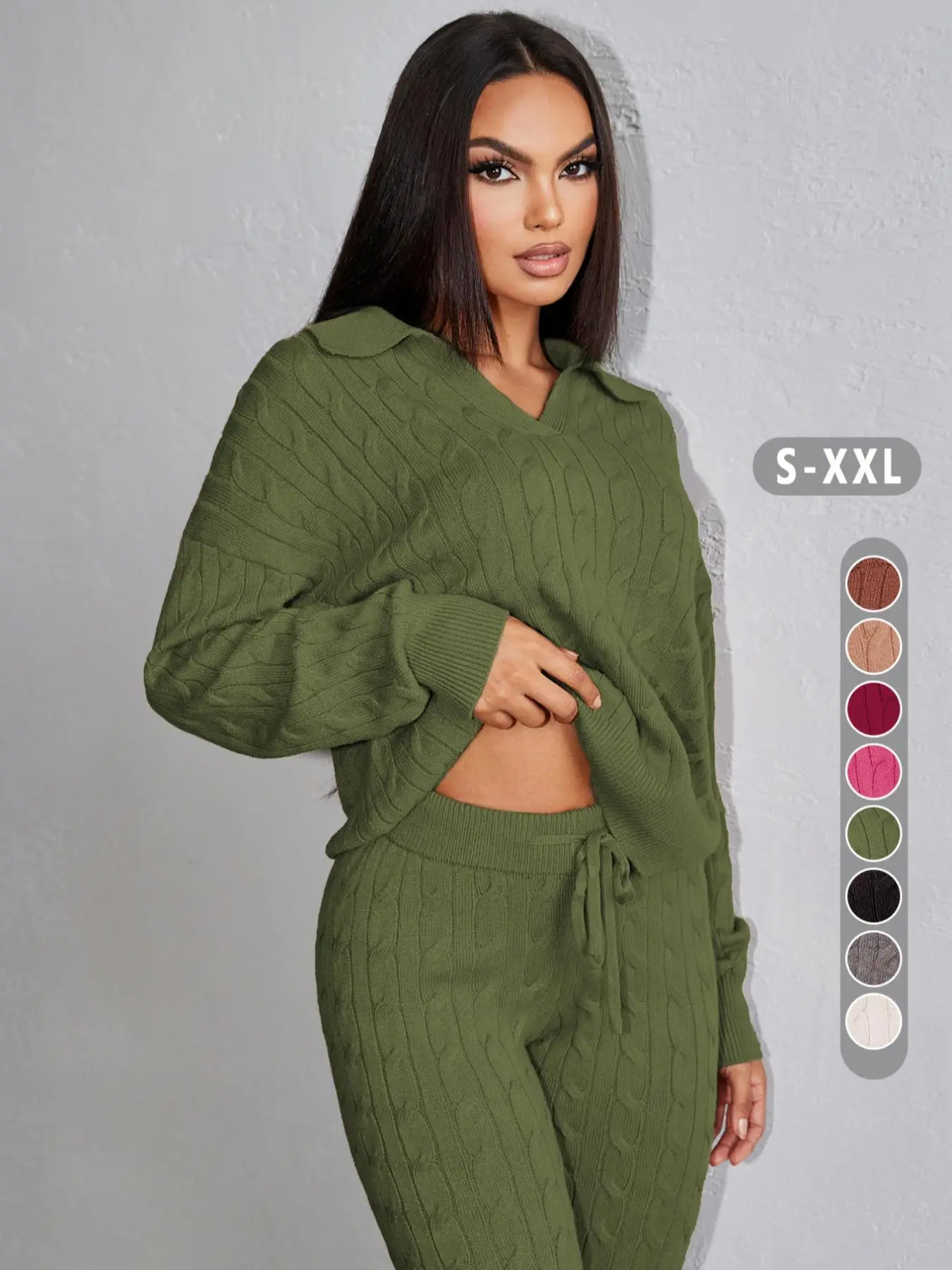 Two-piece Set Women's Solid Color Twisted Texture Drop Shoulder Sweater & Drawstring Waist Pants, Casual Fashion Cozy Knitwear Set for Daily Outdoor W