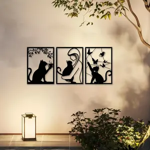3-piece set, metal cat wall decoration 2D flat, suitable for minimalist cat wall decoration in living rooms, bedrooms, modern home offices, and porch decoration, suitable for housewarming, Mother's Day, Father's Day, and various holidays.
