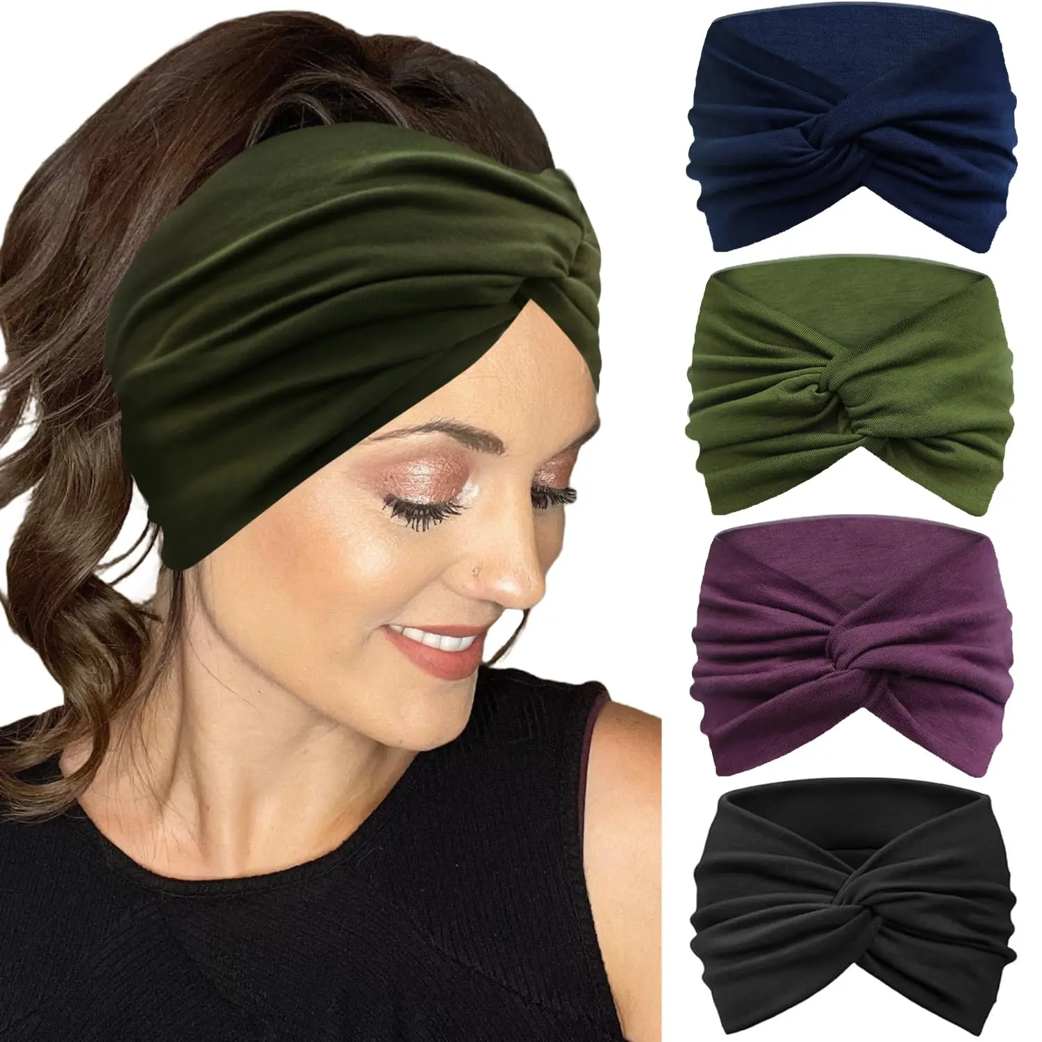 Extra Wide Headbands for Women Non-Slip, 7'' Large Twist Knotted Stretchy Wraps  Bands Hair Accessories, 4 Pack, Solid Color