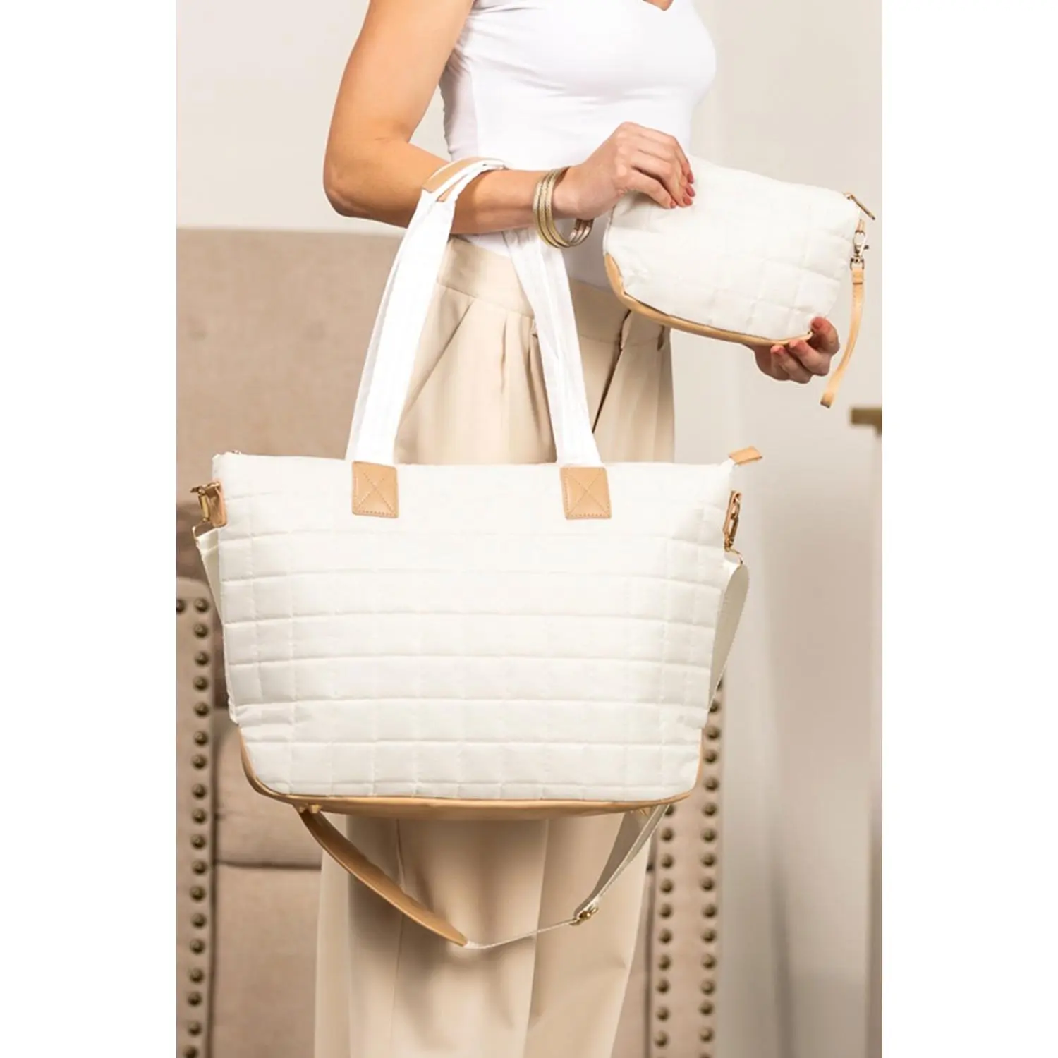 White Quilted Patchwork Large Tote Bag and Clutch 2pcs Set