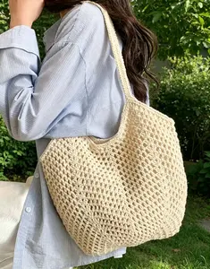 Women's Woven Cotton Yarn Handbag - Handwoven Tote, Stylish Shoulder Net Bag for Seaside Travel (Sports & Outdoor Accessory)