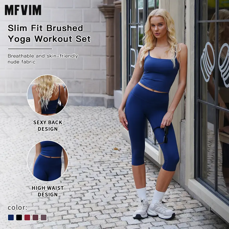 Women’s 2-Piece Nylon Spandex Slim Fit Sweatsuit Set - Sleeveless Spaghetti Strap Backless Crop Camisole, High Waisted Skinny Shorts, Gym Casual Wear, Yoga Workout Set for Summer Travel Camping