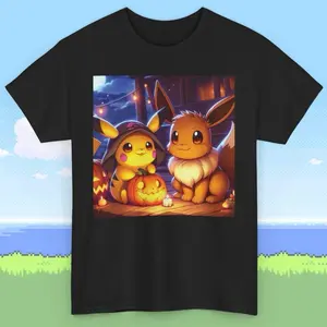 Halloween Pikachu Eevee Pokemon Unisex Tshirt, Gamer Cotton Tee, Pumpkin Patch Design, Halloween Shirt, Spooky Tee graphic tees