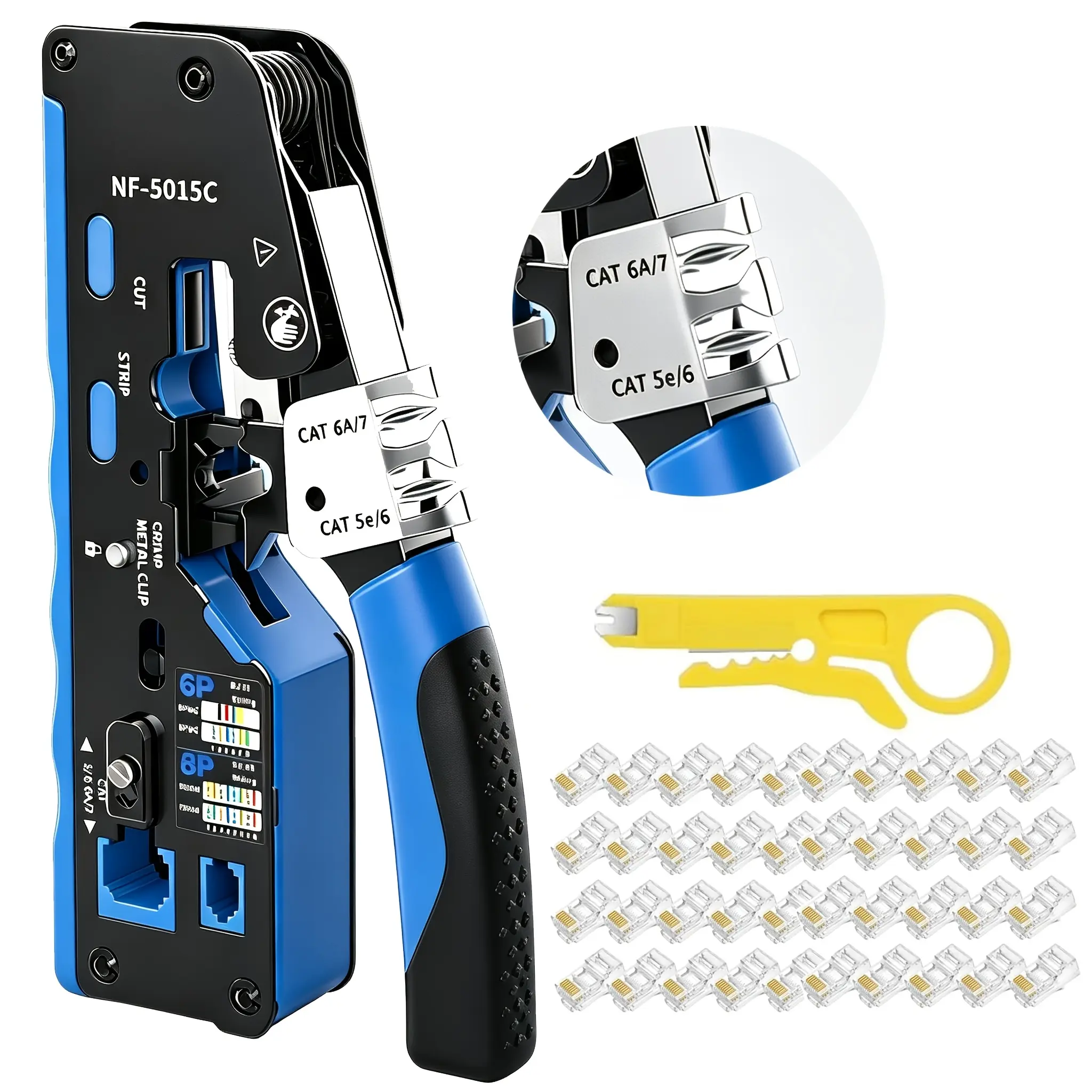 RJ45 Pass Through Crimp Tool Kit with 50PCS CAT6A UTP RJ45 Connectors, Mini Wire Stripper