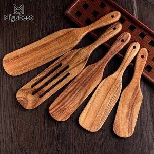 5 Pcs Wooden Spurtle Set, Natural Teak Kitchen Utensil Set Heat Resistant Non-Stick Wooden Spoons Tools for Cooking, Stirring, Mixing, Serving, Wooden Spatulas, Spurtles Kitchen Tools