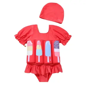 Infant And Toddler Children Floating Swimsuit Full Set, Detachable And Adjustable Buoyancy Floating Swimsuit, Suitable For Children To Learn To Swim, Summer Skirt Short-Sleeved Full Set Of Buoyancy Suits, Suitable For Girls Swimsuits With Hats