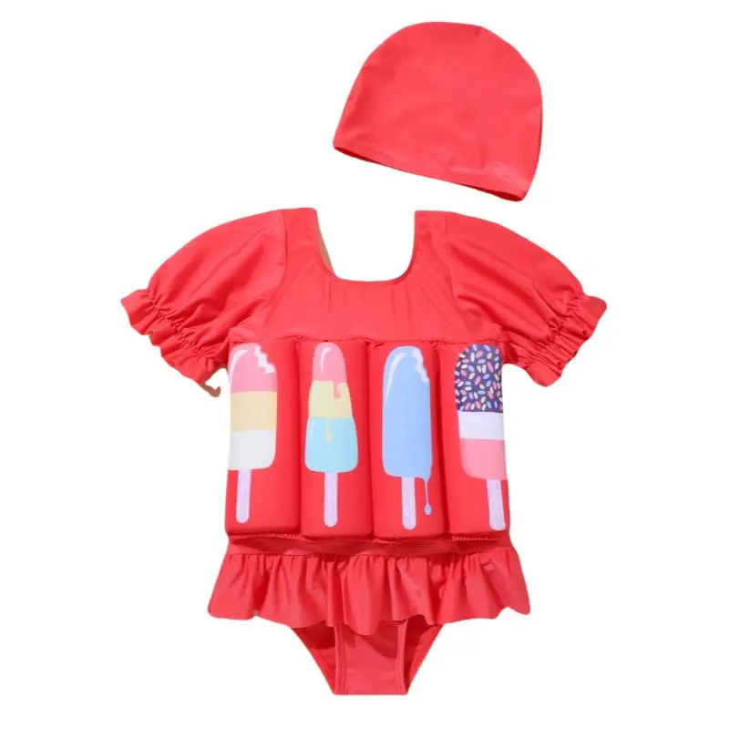 Infant And Toddler Children Floating Swimsuit Full Set, Detachable And Adjustable Buoyancy Floating Swimsuit, Suitable For Children To Learn To Swim, Summer Skirt Short-Sleeved Full Set Of Buoyancy Suits, Suitable For Girls Swimsuits With Hats