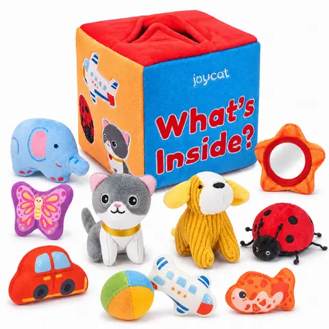 JoyCat Ultra-Soft Polyester Stuffed Baby Toy Mystery Box (0-3 Years) - 10 Adorable Objects with Rattles, Crinkles, Mirror Play, Sound Play for Children Development, Curious Little Explorers, Baby Shower Gift