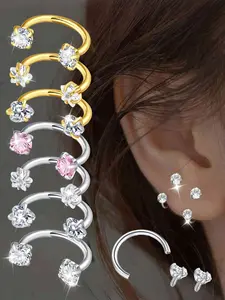 Boho Stainless Steel Earrings, Heart Zircon Inlay Jewelry, Bohemian Style Unisex Body Jewelry for Lips & Earlobes, Durable Metal Coated Design