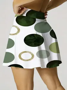 Summer Women's Lightweight Sporty Tennis Skirt and Shorts Set with Pockets, Circle Pattern Print, Ideal for Running Yoga Fitness