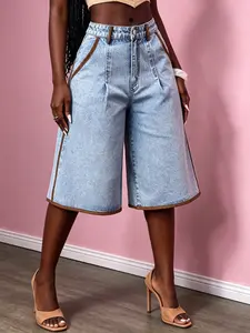 Jean Shorts Womens Brown Contrast-Trimmed Wide-Leg Denim Shorts Loose-Fit Knee-Length Denim Pants With Front Pleats Retro Street-Style Casual Shorts—Perfect For Everyday Wear Vacations And Summer Fashion