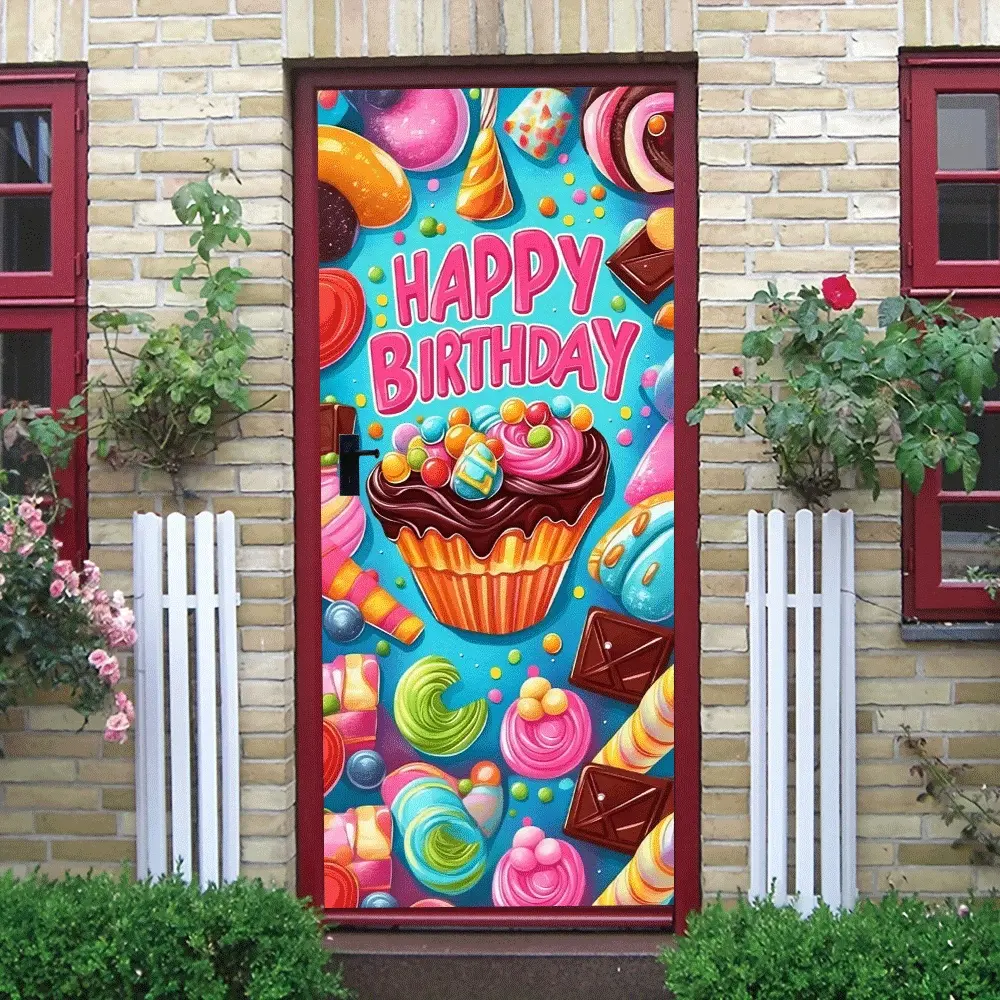 2pcs   Happy Birthday Party Decor Wall Stickers Cartoon Cupcake Candy Patterns Self Adhesive Removable PVC Material Kids Room Bedroom Background Decoration Festival Party Supplies Creative Home Wall Ar