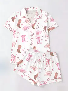 Spring Summer Women's Cardigan Lapel Short Sleeve Shorts Set, Western Style Printed Casual Home Wear, Loose Fit Comfortable Sleepwear Loungewear Pjs