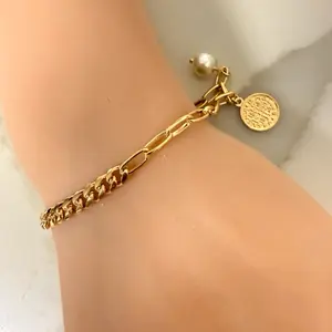 18k Gold Plated St. Benedict Charm Bracelet 7.5" with Elegant Chain Design and Pearl Accent