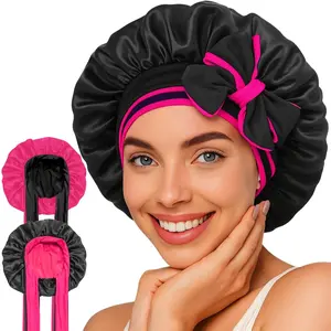 Reversible Silk Bonnet for Sleeping Women - Double Layer & Color Satin Bonnet, Adjustable Hair Cap for Curly & Textured Hair (Rose Red & Black)