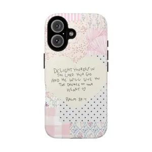 Chic Phone Case Suitable for IPhone17/16/15/14/13/12/11 Pro Promax Plus Air,Psalm 37:4 Bible Verse iPhone Case, Christian Floral Patchwork Phone Cover, Gift, Collage, Aesthetic, Delight yourself in the lord your god, Accessories, Shell