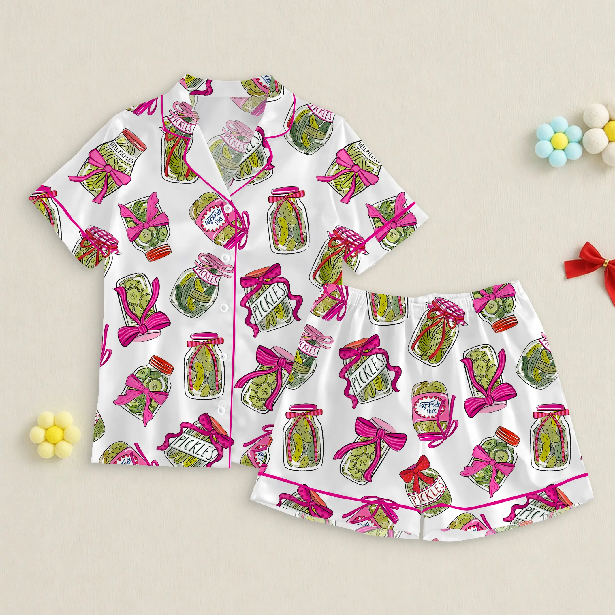 Pickle Pink Bows Pajama Set, Women’s Pickle Lover Pink Bows Pajama Set, Sleepwear Gift, Satin Pajama Set, Gift For Her