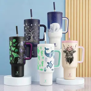 【Latest Style】 - Meoky 40oz Stay Hot Or Cold All DayStainless Steel Thermos Cup, Perfect For Car, Office & Travel, Large Capacity, Trendy Design, Glow-In-The-Dark White Marine Life, Insulated Mug Tumbler With Handle