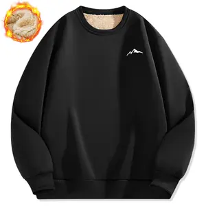 Men's Winter Warm Fleece-Lined Round Neck Sweatshirt - Casual Black Long Sleeve, Comfortable Polyester Fabric, Fashionable Fleece-Lined Sweatshirt, Men's Casual Plain Design Round Neck Sweatshirt