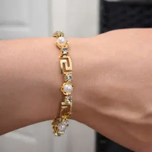 18K Gold-Plated CZ & Pearl Greek Key Bracelet