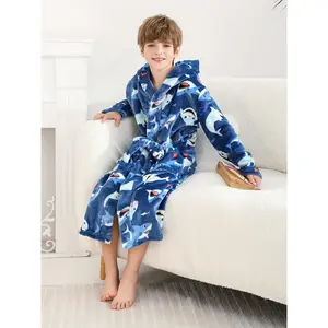 Boys Shark Print Flannel Soft Robe with Hood Loungewear Bathrobe Comfortable for Children 2-11 Years Old Gift