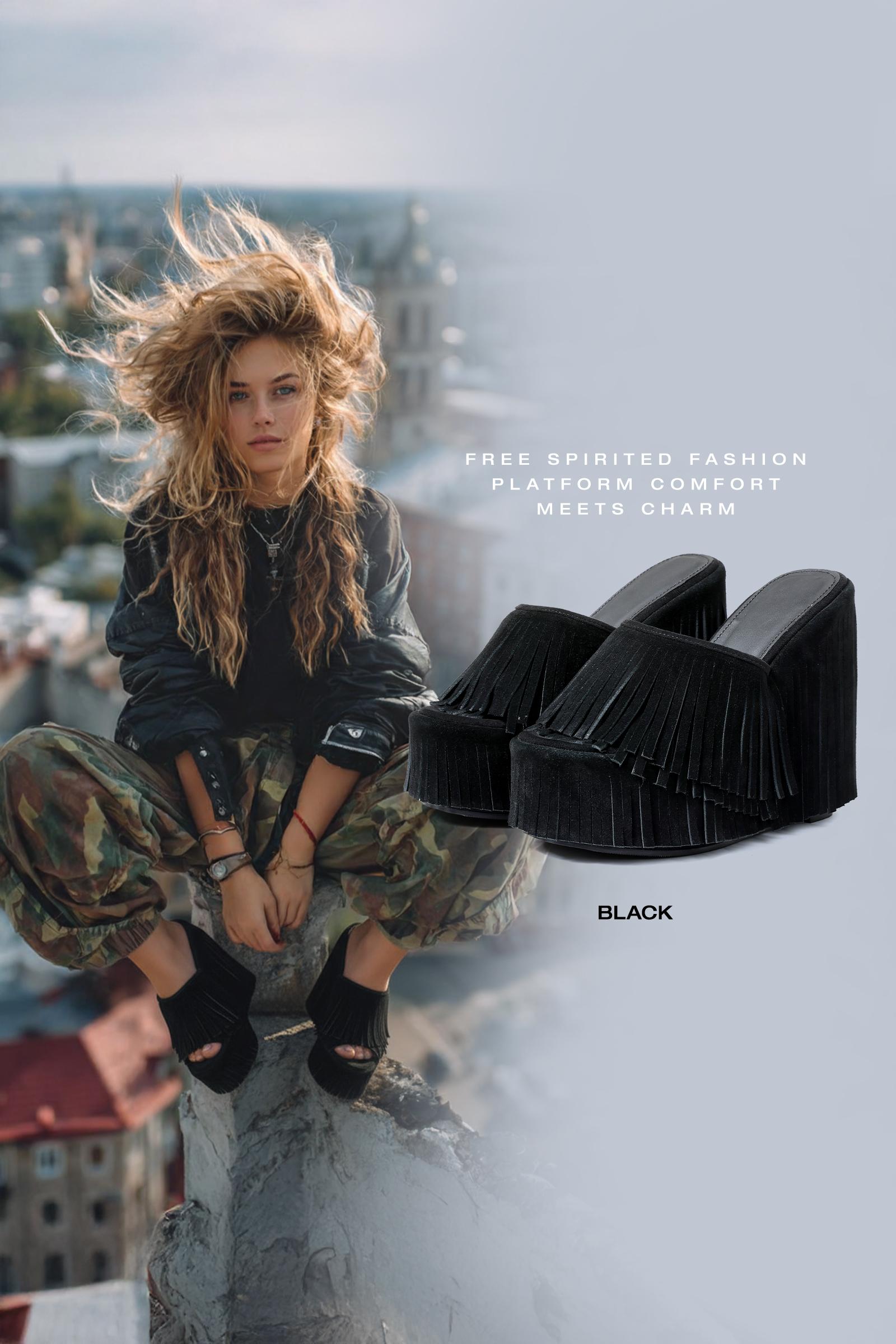 CYNLLIO Womens Fringed Boho Cowboy Style Platform Sandals Open Round Toe Tassel High Heels Slip On Wedge Heeled Suede Slides for Outings Evening Party Spring Dress Sandals Shoes