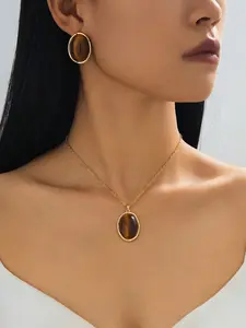 Women's Jewelry Set: Vintage Luxurious Amber Asymmetric Geometric Pendant Necklace & Earrings, Elegant Fashion Accessory