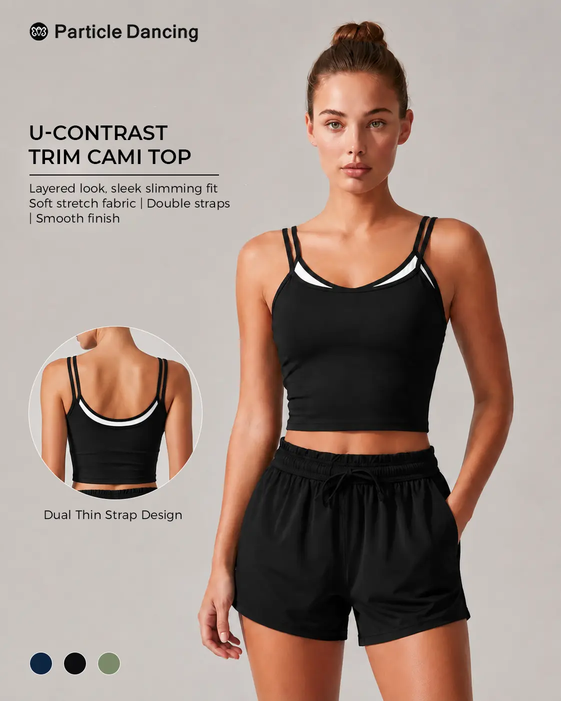 Women’s Double Strap U-Neck Cami Crop Top, Contrast Trim Workout Tank Top, Soft Stretch Fitted Athletic Top for Pilates, Gym, Yoga & Clean Girl Athleisure