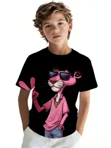 Boys' Crew Neck Short Sleeve T-Shirt athleisure Pink Panther Wearing Sunglasses And Shirt 3D printing spring and summer kids trendy lightweight outdoor jacket football jersey