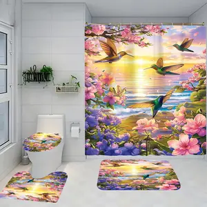 1/4 piece forest hummingbird design bathroom set, including soft floor mat, toilet seat cushion, shower curtain, creating elegant decoration, home decoration, floor mat with good rebound, water absorption, anti slip, preferred for gift giving