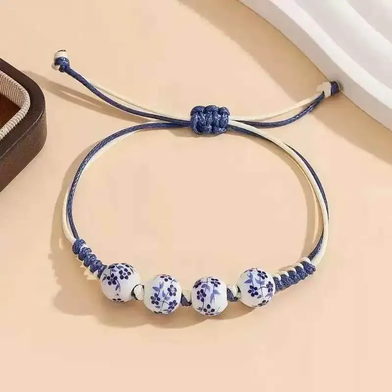 Women's Traditional Woven Beaded Bracelet - Blue-and-White Pattern, Simple, Versatile New Design, Collectible Cultural Gift for Friends