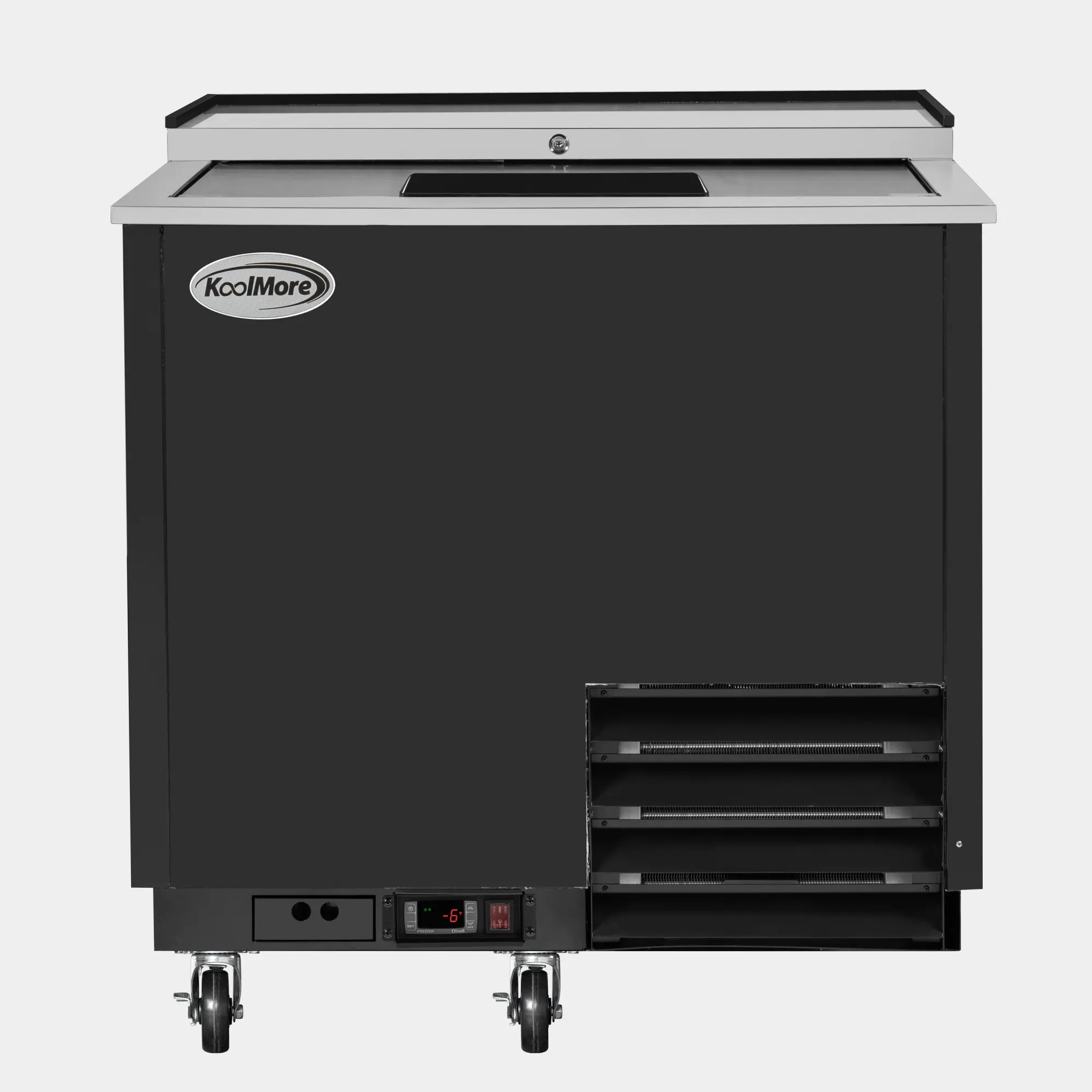 Modern 36 in. Commercial Glass Froster, Black Steel, ETL Listed, 9 cu. ft., 0-7°F Cooling, Adjustable Shelves, Chill Drinks (KM-GF36-BK)