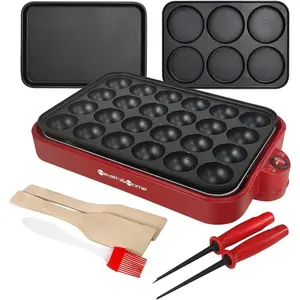 Multifunction Nonstick Baking Maker with 3 Interchangeable Baking Plates for Fried Eggs, Fried Steak, Takoyaki, Cake Pops, Grill Maker, RED-1